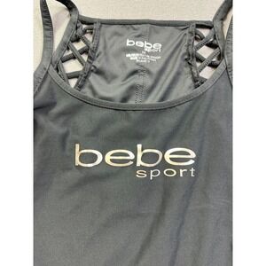 Bebe Sport Tank Top Black Strappy Lattice Back Metallic Logo Activewear Women M
